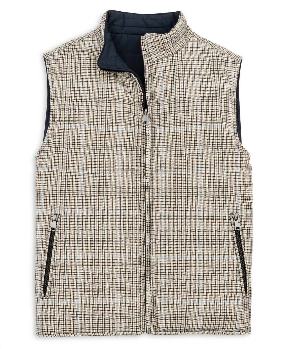 NEW SCOTT BARBER men's reversible houndstooth vest in khaki